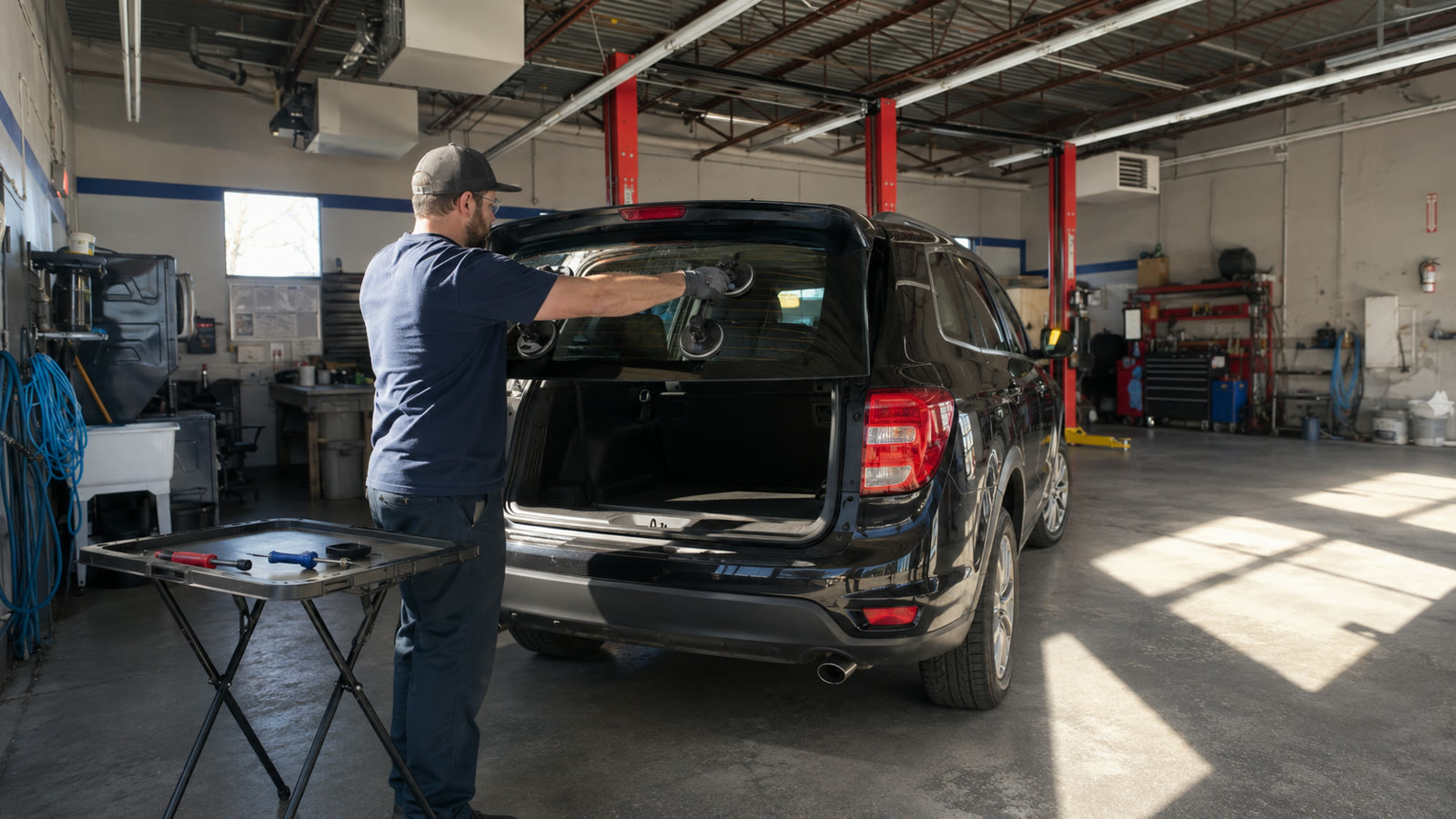 Vehicle service work inside the JB Auto shop