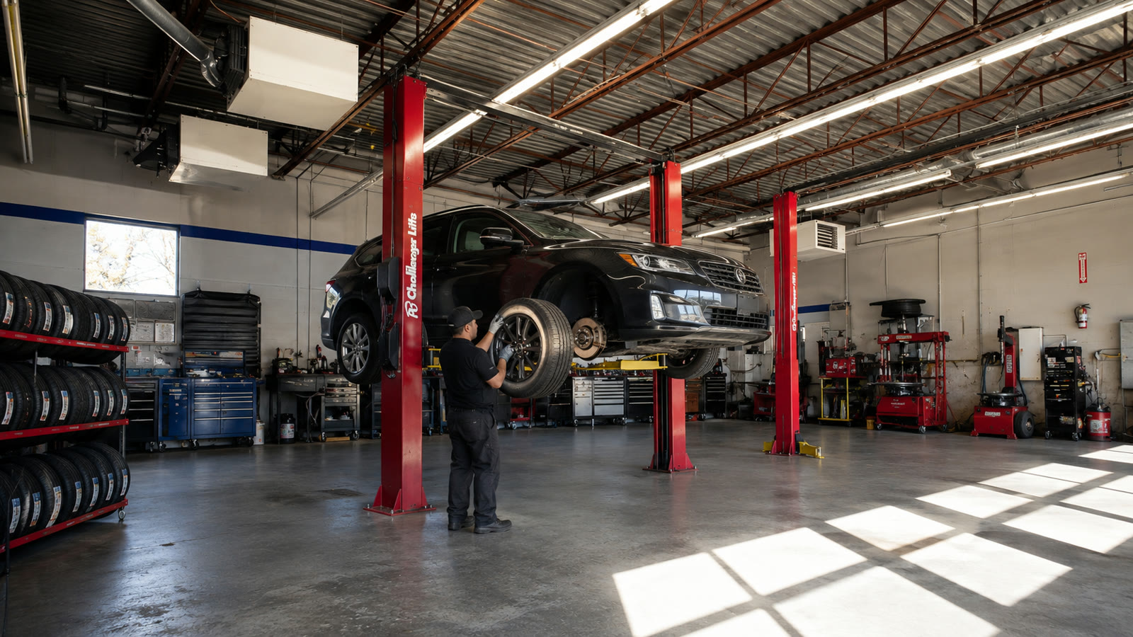 Technician removing a wheel during brake and tire service
