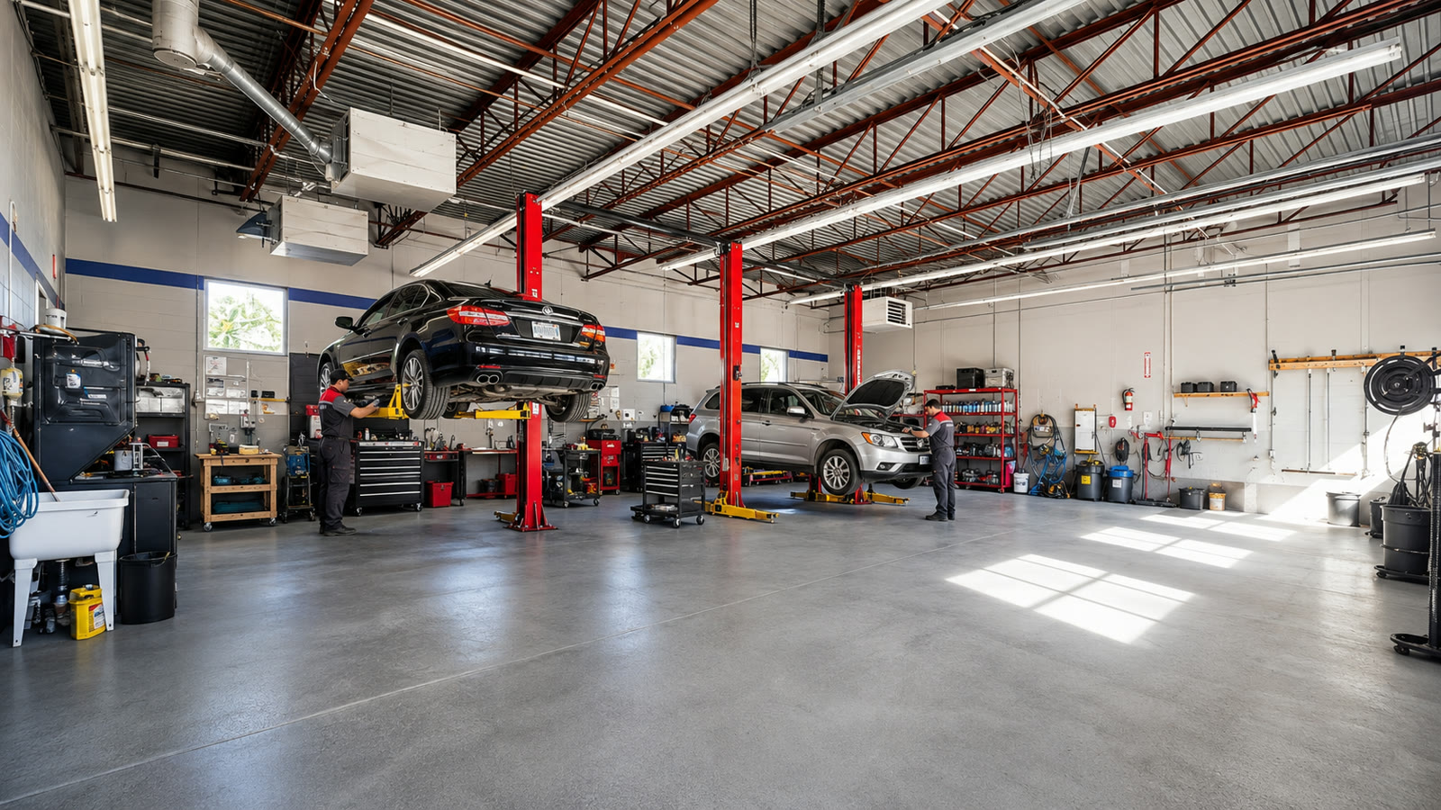 Wide service bay with red lifts and vehicles inside