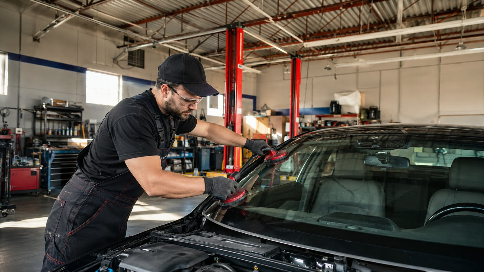 Technician completing careful vehicle fitment work inside the bay